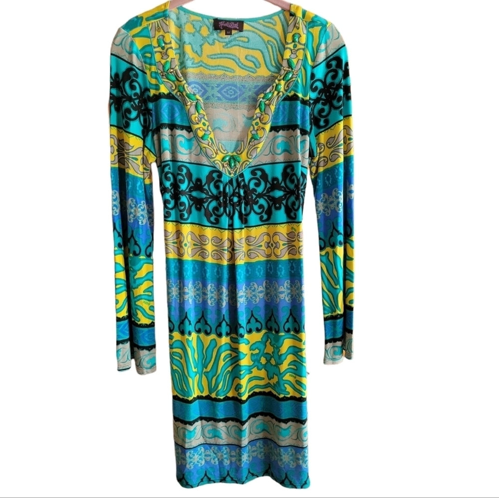 Hale‎ Bob Silk Jersey Beaded V Neck Dress M Colorful Baroque Print Boho Luxe